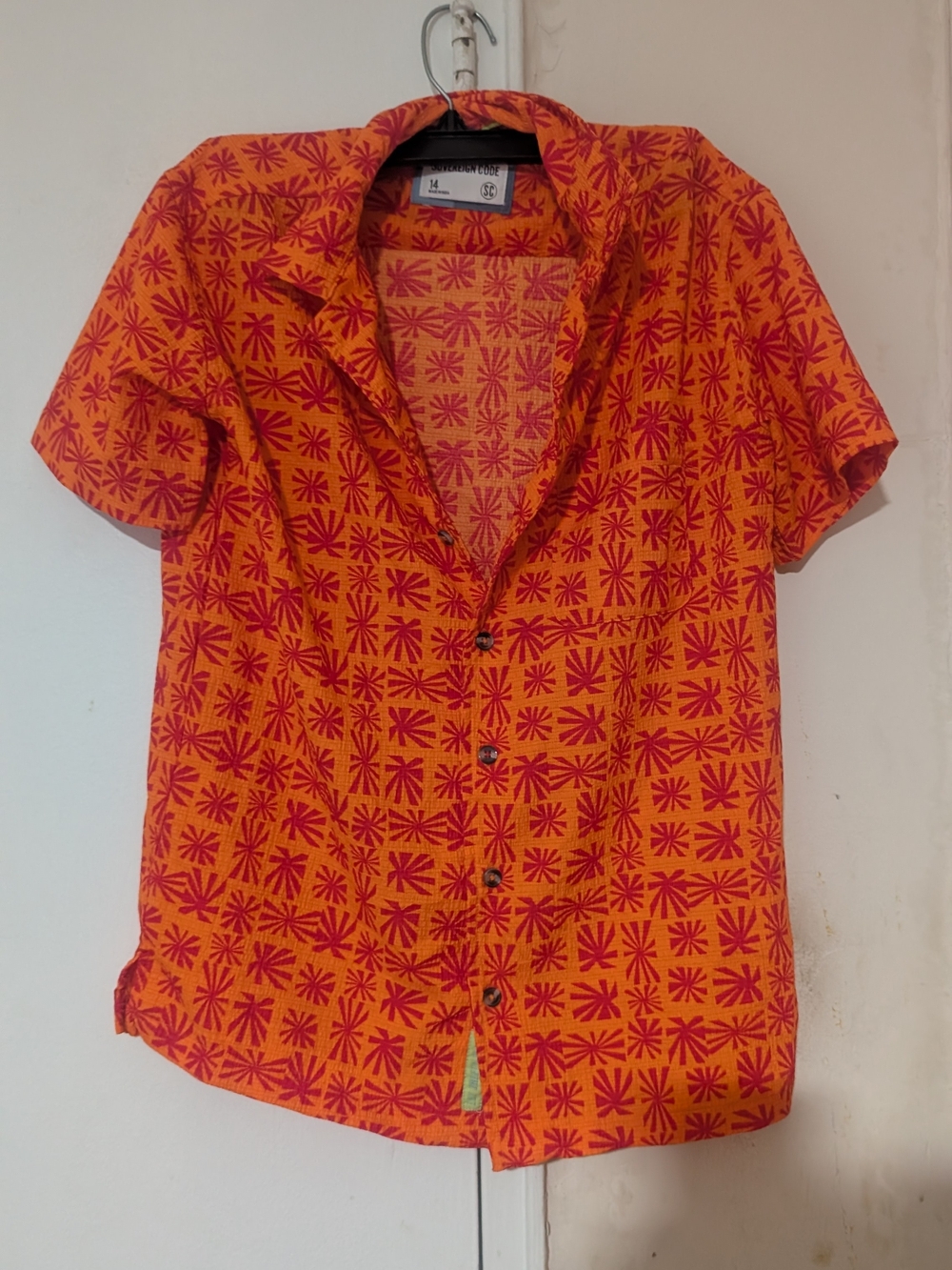 Sovereign Code Orange Short Sleeve Button-Down with Pink Geo Print